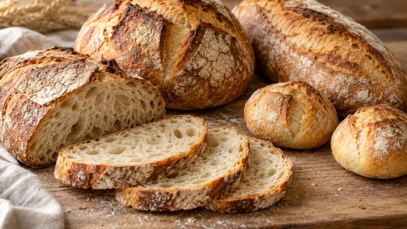 Pagnotte, filoni e piccoli pani artigianali con crosta dorata e fette di pane